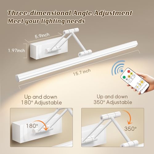 Image of White Picture Light Natural Light Spectrum CRI 97+ with Remote Control, 16 Inches, Battery Operated, 3000-6000K, Cordless Art Wall Sconce