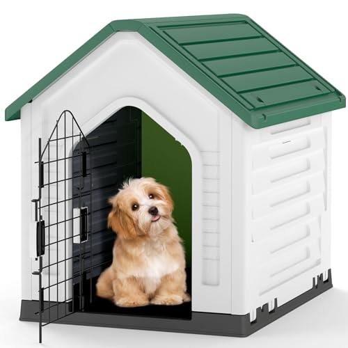 GOPLUS Caseta de Perro de Plástico, Casa para Perros con Puerta de Malla Bloqueable y Piso Elevado, Ventilación, Techo Inclinado, Perrera para Interior y Exterior para Mascotas (Verde)
