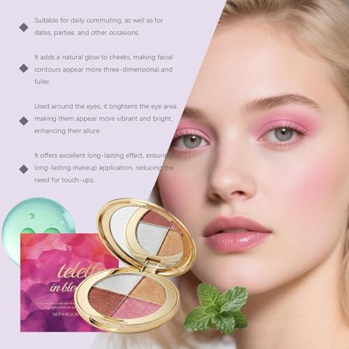 4-Color Highlighter & Blush Palette, Shimmer Eyeshadow Makeup Kit, 2-in-1 Face Illuminator Powder with Mirror, Long-Lasting Diamond Glow Texture, Portable Travel Size for Natural Radiance (Gold) — view 6
