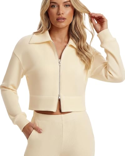 VEQKING Womens Sweatshir Cropped Workout Jackets Casual Long Sleeve Shirts Top for Women Fall Winter 2025 Fashion Outfits