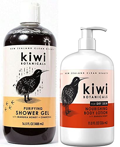 Kiwi Botanicals Purifying Shower Gel for Women, Charcoal and Manuka Honey, 16.5 fl oz & Kiwi Botanicals Nourishing Body Lotion with Manuka Honey, Cruelty-free for Dry Skin, 11 fl oz