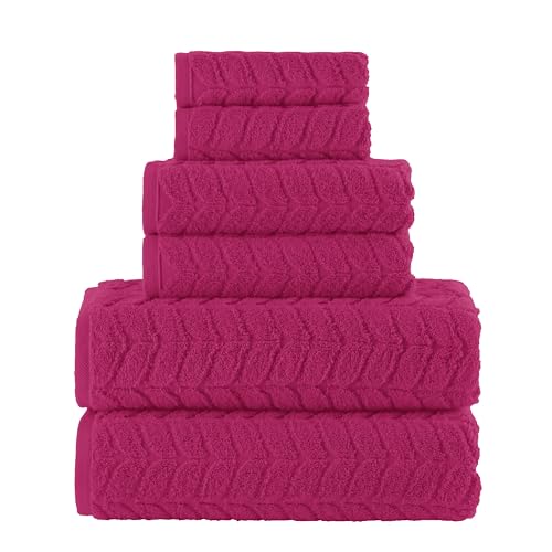 Image of Elegant Comfort Luxury 6-Piece 100% Turkish Cotton Jacquard Braided Textured Premium Hotel Quality Towel Set- Soft and Absorbent, Includes 2 Bath Towels, 2 Hand Towels and 2 Washcloths, Hot Pink