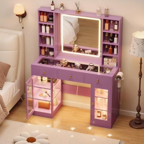 Image of Purple Vanity Desk with Mirror and Lights, Glass Top Vanity with Lighted Mirror & RGB Cabinet and 3 Drawers, Dressing Table with 8 Shelves, Makeup Desk with Lights for Girls Bedroom, 3 Color Modes