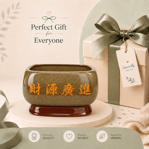 Image of Xtore Prosperous Oriental Ceramic Planter with Decorative Stand | Artistic Tabletop Flower Pot for Bonsai, Succulents, Indoor Plants & Elegant Home Decor (Brown, Planter only)