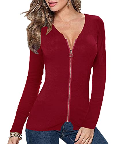 Image of Afibi Women V Neck Zip Front Long Sleeve Casual Top Blouse Shirt /Cardigan