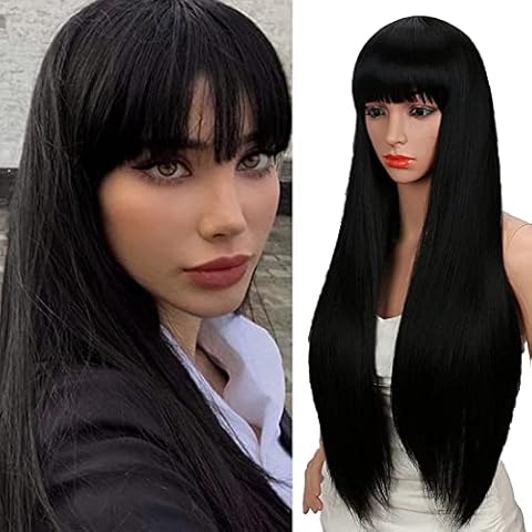 Kalyss 28 Inches Women's Silky Long Straight Black Wig Heat Resistant Synthetic Wig With Bangs Hair Wig for Women Cover