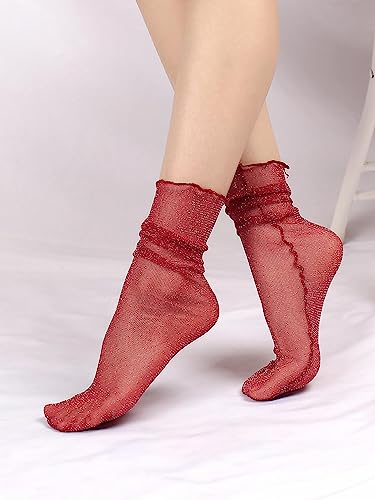 Image of SHENHE Women's Glitter Socks Sheer Slouchy Lettuce Trim Sparkly Party Mini Crew Socks Black Red Multi one-size