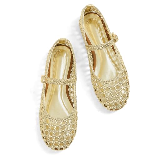 Image of Woven Ballet Flats for Women Round Toe Mesh Flats Buckle Strap Flat Shoes Comfortable Mary Jane Dressy Mesh Shoes Casual Ballerina Mary Janes