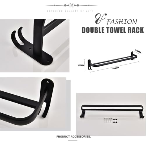 Étagère d'angle murale et porte-serviettes noir mat en aluminium anodisé avec crochets