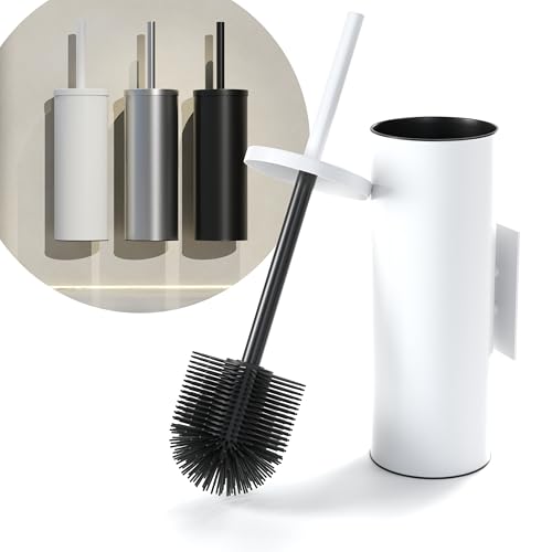 SAVEGA – Klobürste Silikon weiß zur Wandmontage – WC Bürste ohne Bohren mit Halter – Hygienische Toilettenbürste flexibel & flach – Moderne WC Bürstengarnitur
