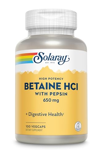 Image of SOLARAY Betaine HCl with Pepsin 250 mg Supplement for Men & Women - Digestive Support, Betaine Hydrochloride Capsules, Gut Health Support Formula, Gluten Free - 180 Veg Cap Ct