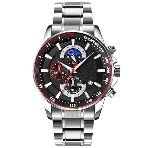RORIOS Herren-Armbanduhr, wasserdicht, Analog, Quarz, Uhren mit Edelstahl, Chronograph, Multifunktionsuhren für Männer, Silberfarben/Schwarz., Armband
