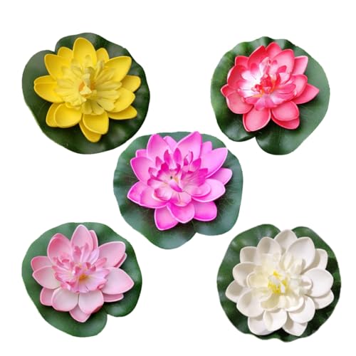 KAILIKETIY 5 Piezas Flor Artificial Piscina Calentador de Agua Fuente de Agua con Paneles solares Estanque de Peces Aqua Plant Decoración acuática Lirio de Agua Artificial Loto de simulación