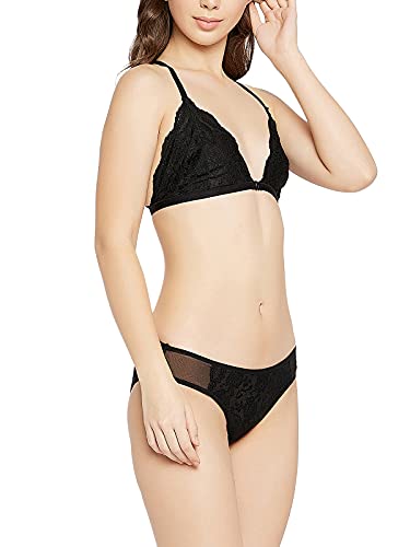 Image of Clovia Women's Lace Non-Padded Non-Wired Front Open Bralette & Semi-Sheer Bikini Panty Set-Black