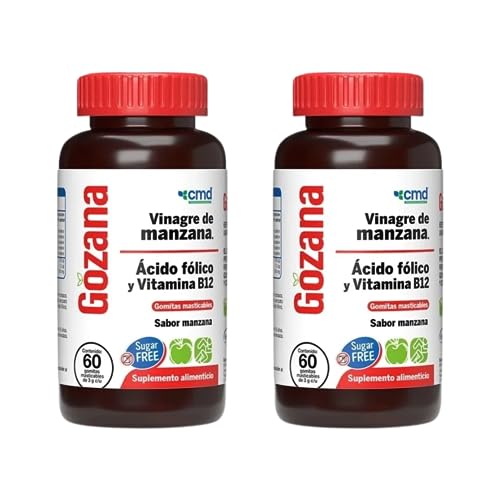 CMD - GOZANA - Gomitas de vinagre de manzana, Ácido fólico y Vitamina B12 - Suplemento Alimenticio Sin Azúcar Sabor Manzana - 2 Frascos con 60 gomitas c/u