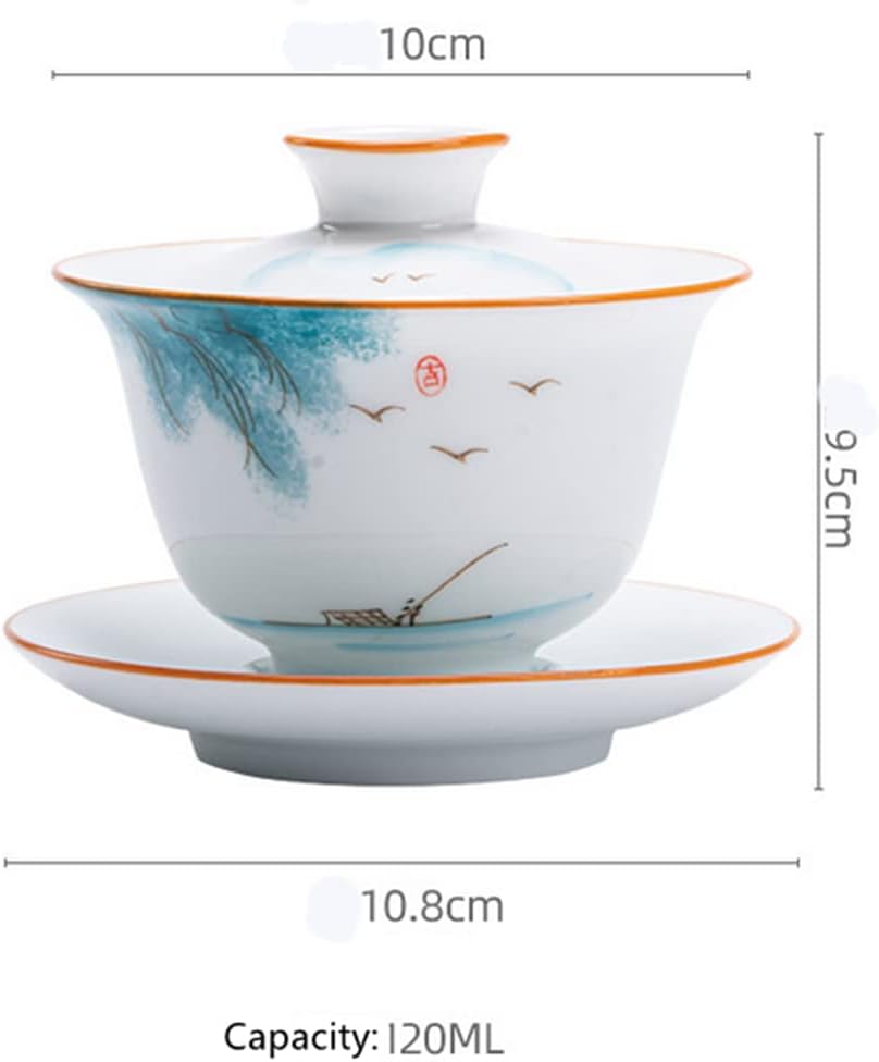 Emoyi Teacups set River Pattern Porcelain Gaiwan Kungfu Tea bowl with Lid and Saucer 120ml