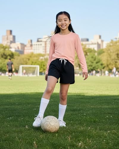 Image of Real Essentials 4 Pack: Girls' Dry-Fit Long Sleeve Crew Neck T-Shirt - Athletic Activewear Soccer Top for Teens Kids Youth