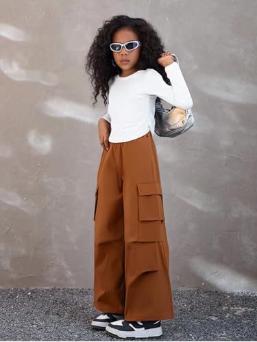 Image of Azmxynol Girls Clothes 2 Piece Outfit Ribbed T-Shirt Top + Cargo Pants, Girls Fall Clothing Set, Sizes 5-16 Years