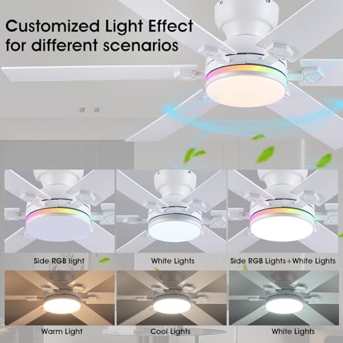 Image of 52 inch RGB Ceiling Fans with Lights and Remote,White Low Profile Ceiling Fans with Quiet Reversible DC Motor, Modern Flush Mount Fans Light for Kids Room Bedroom