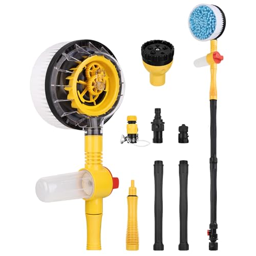 LYOKELC Rotating Car Wash Brush with Hose Attachment Car Wash Brush with Long Handle & Soap Dispenser Water-Powered 360 Spin Wash Brush Kit with Spray Gun & 5-Pattern Nozzle for Cars RVs Trucks