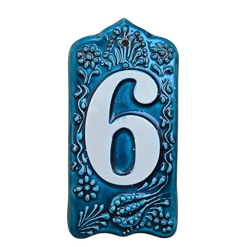 Handmade Ceramic House Number Tile – Custom Outdoor Address Sign – Turkish Iznik Art – Weatherproof Door Decor – 0 to 9 Digits (Green, 6)