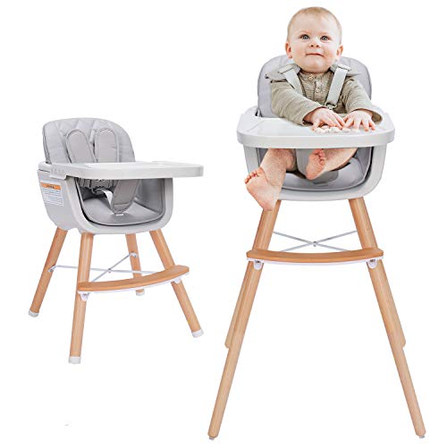 Image of 3-in-1 Convertible Wooden High Chair,Baby High Chair with Adjustable Legs & Dishwasher Safe Tray, Made of Sleek Hardwood & Premium Leatherette,Gray Color
