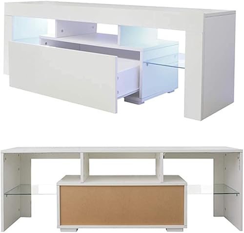 Miniatura 8 de Binrrio Soporte de TV blanco con luz, centro de entretenimiento con cajón de almacenamiento para TV de 55 pulgadas, soporte de TV de alto brillo,