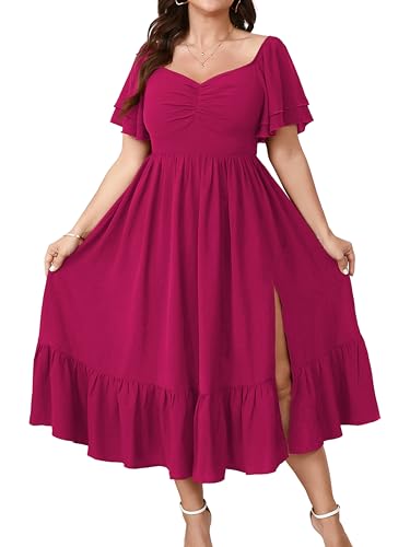 Image of SCOMCHIC Womens Plus Size Wedding Guest Cocktail Dresses Sweetheart Neckline Short Sleeve Smocked Ruffle Slit Maxi Dress