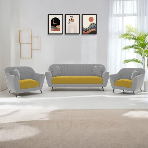 Image of Atticus 3+1+1 Seater Sofa Set for Living Room (Yellow Grey Colour) Premium Fabric Sofa