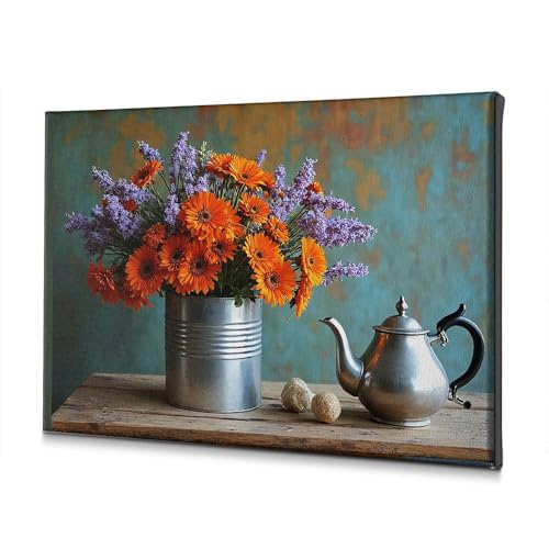 Toile fleurs vase métal 30x40 cm pour déco chambre