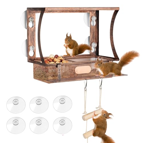 Window Squirrel Feeder, Metal Squirrel Feeder with Strong Suction Cups Ladders, Wide View Outdoor Squirrel & Bird Feeder for Corn Peanuts, Funny Chipmunk Feeder for Home Window Viewing