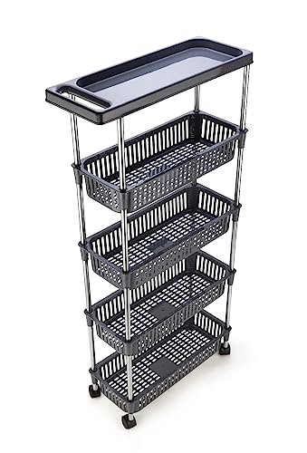 Image of Rasvesh Plastic-Stainless Steel Fruit & Vegetable 4+1 Stand Kitchen Trolley | Fruit Basket | Vegetable Basket | Onion Potato Rack for Kitchen | Vegetable Stand for Kitchen (4+1 Layer Rack)