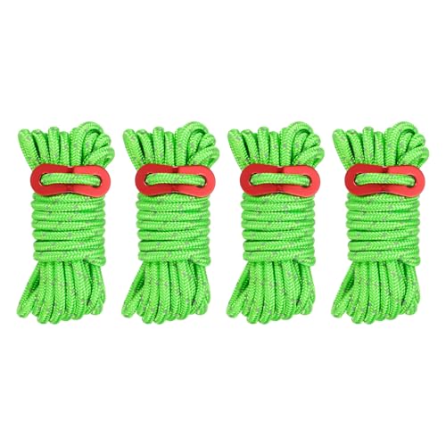 PATIKIL 5mm Tent Rope, 4 Pack 13ft Reflective Guyline Cord Tied Downs Rope Paracord Cord Camping Ropes with Red Aluminum Cord Adjusters for Camping Hiking Tent, Green