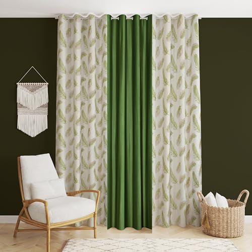 Image of DEVSANG Polyester (2 Print and 1 Solid) Grommet Curtains for Door 7 Feet Long Set of 3, Green | Light-Filtering