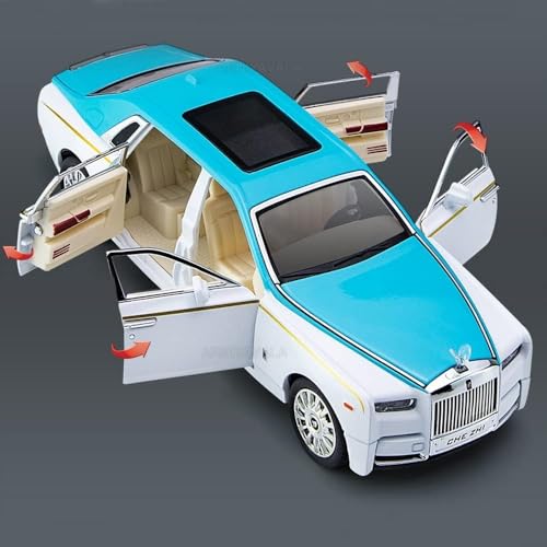 Image of Exquisite car Model 1 /24 Rolls-Royce Phantom Model Car,Zinc Alloy Pull Back Toy car with Sound and Light for Kids Boy Girl Gift. (Blue-White)