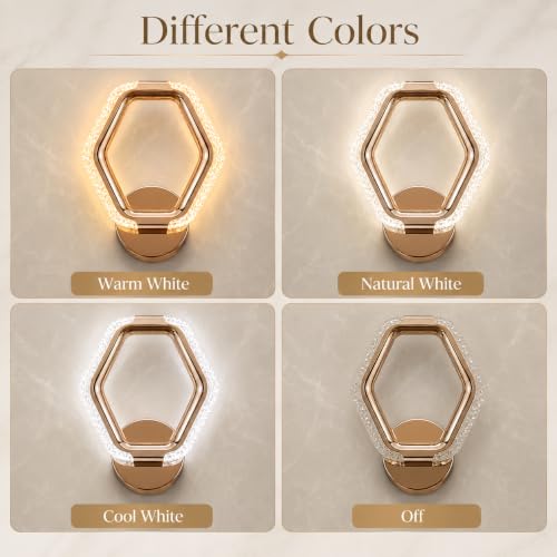 Image of fizzytech Crystal LED Wall Light, Modern Gold Finish Decorative Wall Lamp with 3 Colour Changing Modes for Living Room, Bedroom, Hallway & Home Decor (Hexagon, Pack of 1)