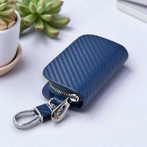 Image of KMH Premium Carbon Fiber Blue Car Key Wallet Bag | Smart Keychain Holder with Metal Hook Keyring Zipper Bag | Wallet for Key Cover Shell Case Pouch Holder, Key Zipper Fob Protector - Pack of 1