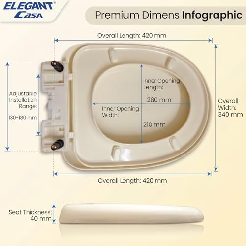Image of Elegant Casa Polypropylene Soft Close Toilet Seat Cover Ivory | Western Commode Lid | Adjustable Hinges | Hygienic Bathroom Accessory, Easy Installation (42x34 CM 2156-Ivory)
