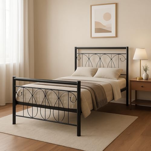 Image of Kovu Metal Extra Single Size Bed Without Storage | Wrought Iron Cot with Headboard & Footboard| Sturdy Powder Coated Platform Bed Extra Single Size Cot for Bedroom (Kovu Black)