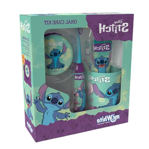 Mr White Kit Igiene Dentale per Bambini, Spazzolino a Batteria, Dentifricio Gusto Menta, Bicchiere e Portamonete - Realizzato per Disney Stitch, Idea Regalo