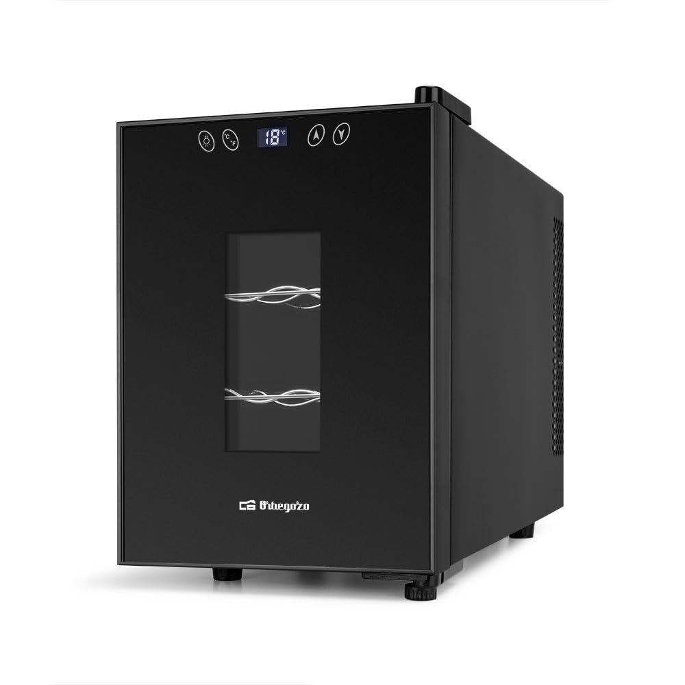 Orbegozo VT 630 Vinoteca de 6 Botellas Volumen 17 Litros Panel Táctil Pantalla Digital Termostato Regulable 11-18°C Luz LED Interior Silenciosa Estantes Cromados 55W