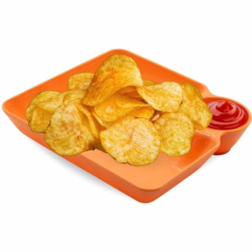 Plato de plástico para servir con salsa, Plato para snacks, Bandeja de aperitivos con dip integrado, Plato de servir aperitivos, 18 x 16 cm, Plástico, Altura 3.5 cm, Naranja
