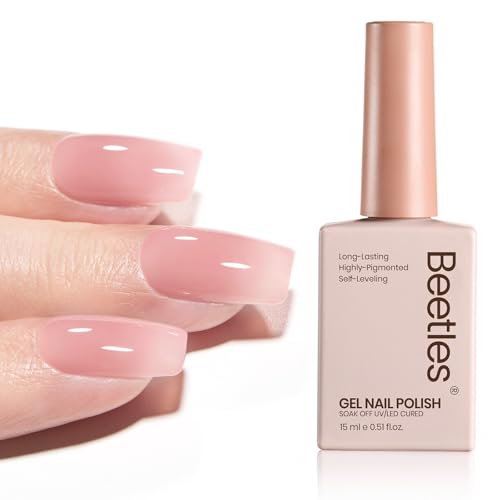 Image of Beetles Nude Pink Gel Nail Polish - 15ml Nude Color Jelly Pink Gel Polish Sheer Translucent Effect Nail Concealer Soak Off UV LED Nail Lamp French Nail Art Gifts for Women Girls