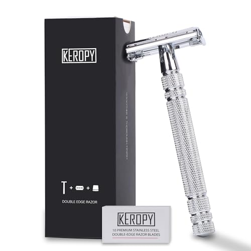 KEROPY Men's Safety Razor Double Edge with 10 Blades – Reusable Metal Shaver for a Close, Smooth & Irritation-Free Wet Shave, Eco-Friendly Grooming Kit for Men