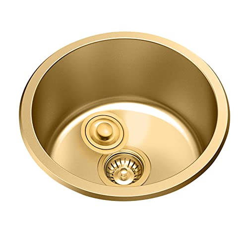 Noyhhav Round Gold Kitchen Sink Stainless Steel Sus304 Bar Sink Undermount/Drop In Single Basin Kitchen Sink Home Mini Sink， Size：15.7 Inches #TOP19
