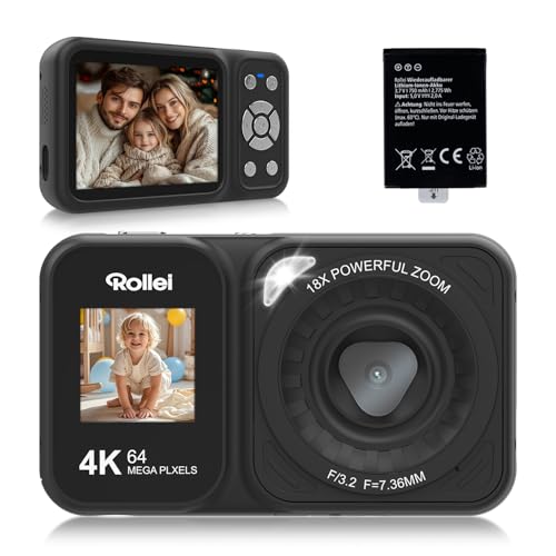 Appareil Photo Numérique Compact Rollei, Compactline 64 Dual Screen Appareil Photo 64MP 4K avec Double Écran Caméra Digitale avec Zoom 18X pour Enfants Débutants Noir, Appareil-Photo-Numérique-Compact