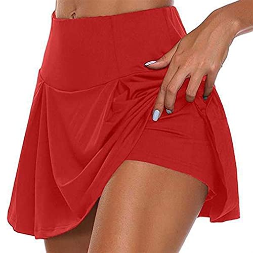 LSXLSD Dam sport tennis dans fitness korta kjolar snabbtorkande solid damfoder hög midja mini golf sportkjolar (färg: röd, storlek: XL)
