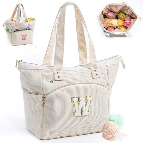 Image of Initial Personalized Crochet Tote - Corduroy Yarn Storage Holder - Organizer for Hooks, Accessories - Project Knitting Bag - Crochet Lover Gift