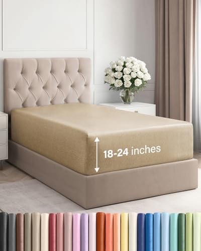 Image of Deep Twin XL Fitted Sheet - College Dorm Room Essentials - Heathered Tan | Easily Fits 18 inch to 24 inch Mattress, Wrinkle Resistant, Soft, Breathable & Comfy, Extra Deep Pockets Fitted Sheet