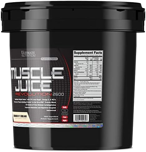 Ultimate Nutrition Muscle Juice Revolution 2600 Weight Gainer, Intestinal Health, Muscle Recovery with Glutamine, Micellar Casein and Time Release Complex Carbohydrates, Cookies N Cream Powder, 11.1 Pounds 2 Ultimate Nutrition Muscle Juice Revolution 2600 Weight Gainer, Intestinal Health, Muscle Recovery with Glutamine, Micellar Casein and Time Release Complex Carbohydrates, Cookies N Cream Powder, 11.1 Pounds